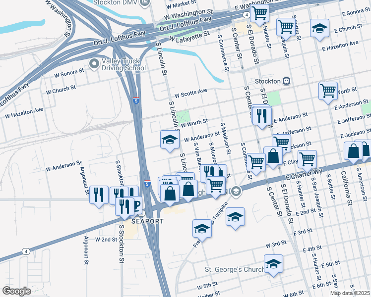 map of restaurants, bars, coffee shops, grocery stores, and more near 1030 South Lincoln Street in Stockton