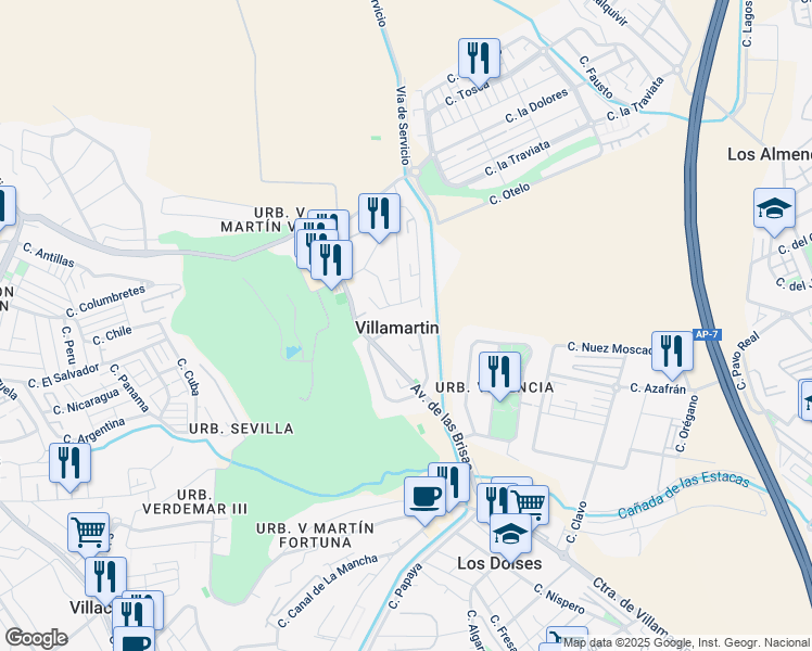 map of restaurants, bars, coffee shops, grocery stores, and more near 9 Calle Tramontana in Villamartín