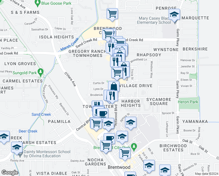 map of restaurants, bars, coffee shops, grocery stores, and more near 7883 Brentwood Boulevard in Brentwood