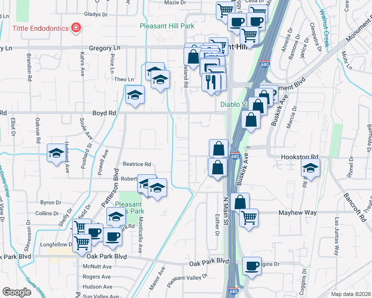 map of restaurants, bars, coffee shops, grocery stores, and more near 190 Cleaveland Road in Pleasant Hill