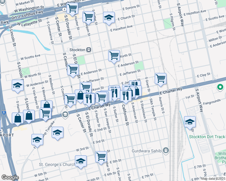 map of restaurants, bars, coffee shops, grocery stores, and more near 1226 South Sutter Street in Stockton