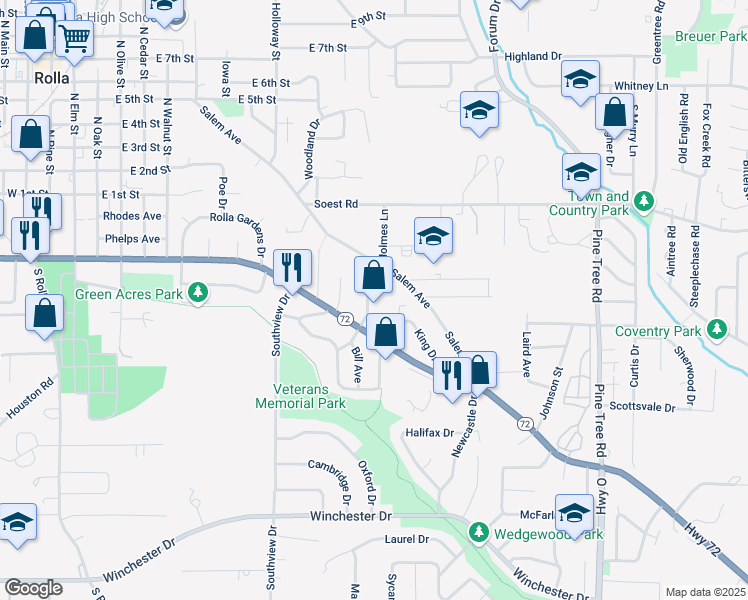 map of restaurants, bars, coffee shops, grocery stores, and more near 6 Summit Avenue in Rolla