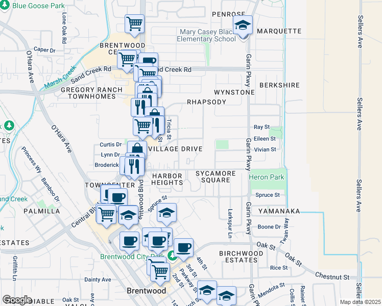 map of restaurants, bars, coffee shops, grocery stores, and more near 1100 Sycamore Court in Brentwood