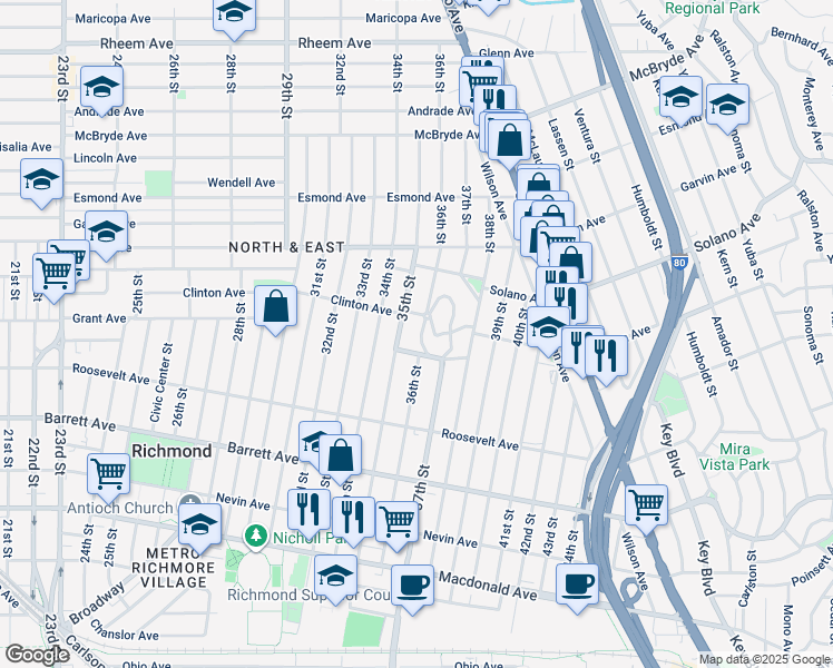 map of restaurants, bars, coffee shops, grocery stores, and more near 681 36th Street in Richmond