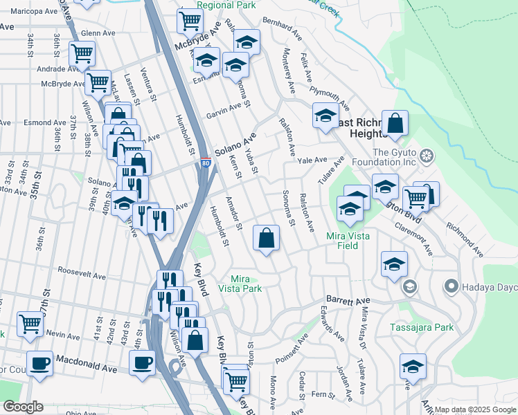 map of restaurants, bars, coffee shops, grocery stores, and more near 668 Kern Street in Richmond