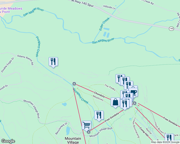 map of restaurants, bars, coffee shops, grocery stores, and more near 234 Country Club Drive in Mountain Village
