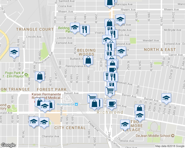 map of restaurants, bars, coffee shops, grocery stores, and more near 629 20th Street in Richmond