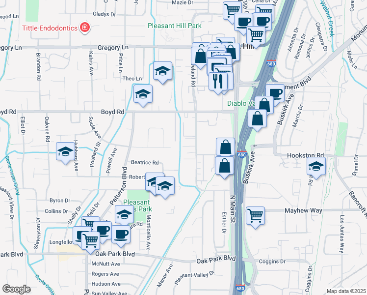 map of restaurants, bars, coffee shops, grocery stores, and more near in Pleasant Hill