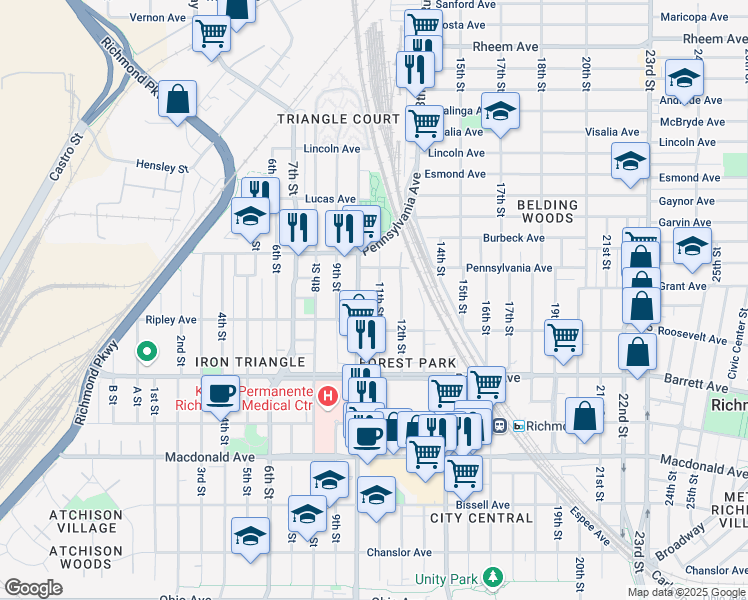 map of restaurants, bars, coffee shops, grocery stores, and more near 657 11th Street in Richmond