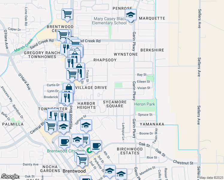 map of restaurants, bars, coffee shops, grocery stores, and more near 561 Linda Street in Brentwood