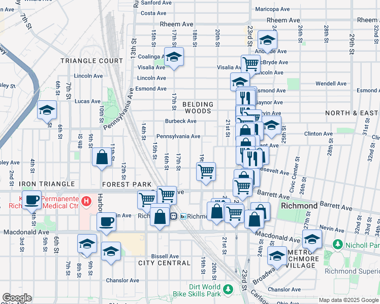 map of restaurants, bars, coffee shops, grocery stores, and more near 18th Street in Richmond