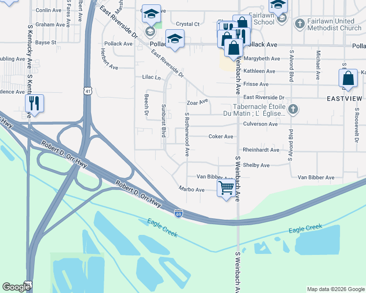 map of restaurants, bars, coffee shops, grocery stores, and more near 1701 Rheinhardt Avenue in Evansville