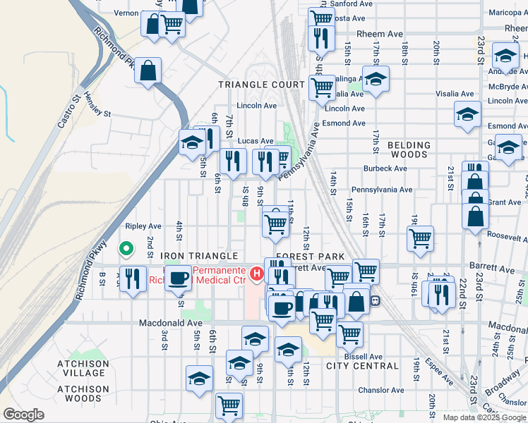 map of restaurants, bars, coffee shops, grocery stores, and more near 632 9th Street in Richmond