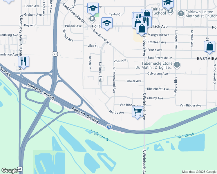 map of restaurants, bars, coffee shops, grocery stores, and more near 1617 Rheinhardt Avenue in Evansville