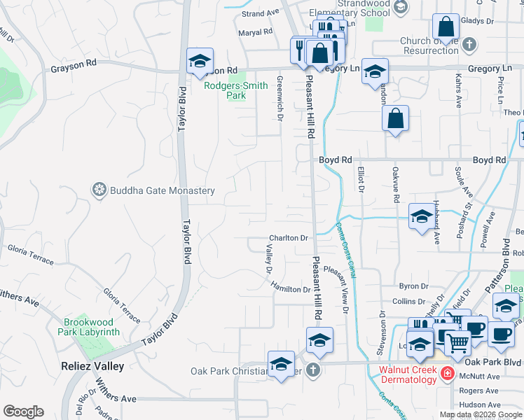 map of restaurants, bars, coffee shops, grocery stores, and more near 263 Croyden Drive in Pleasant Hill