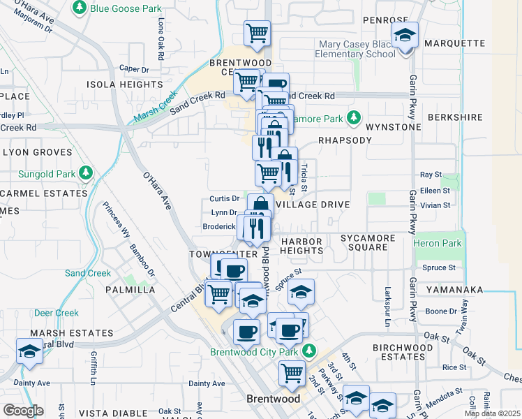 map of restaurants, bars, coffee shops, grocery stores, and more near 7883 Brentwood Boulevard in Brentwood