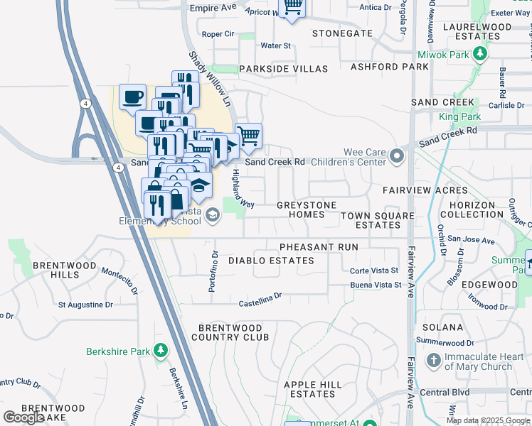 map of restaurants, bars, coffee shops, grocery stores, and more near 1787 Diamond Springs Lane in Brentwood