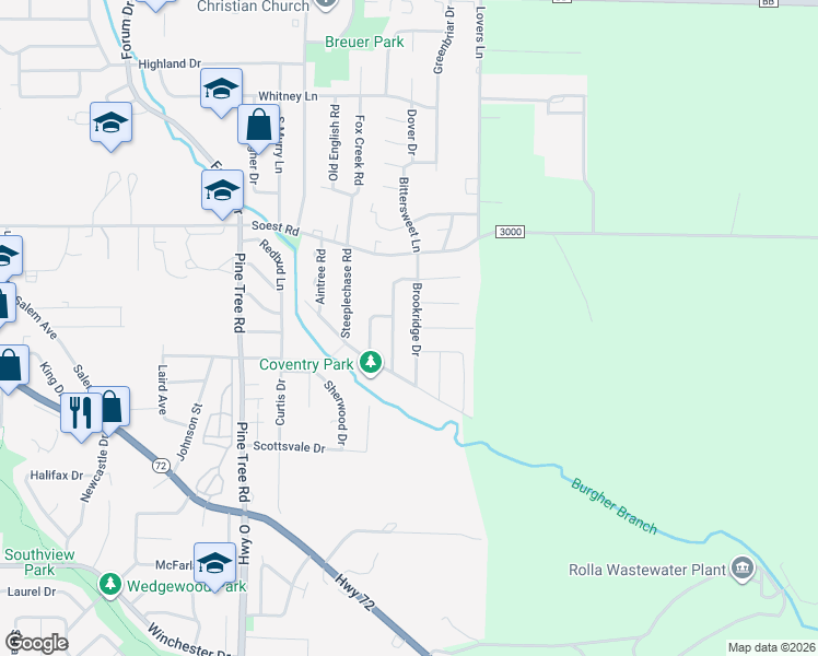 map of restaurants, bars, coffee shops, grocery stores, and more near 206 Brookridge Drive in Rolla