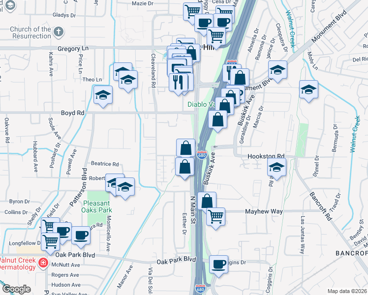 map of restaurants, bars, coffee shops, grocery stores, and more near 2577 Jewell Lane in Pleasant Hill