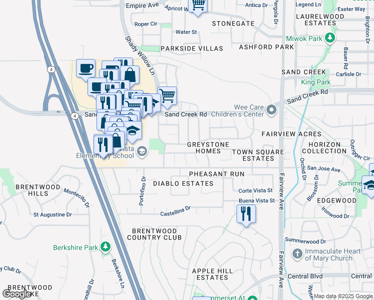 map of restaurants, bars, coffee shops, grocery stores, and more near 1771 Diamond Springs Lane in Brentwood
