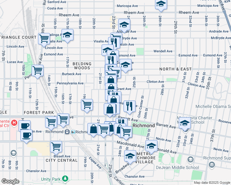 map of restaurants, bars, coffee shops, grocery stores, and more near 628 23rd Street in Richmond