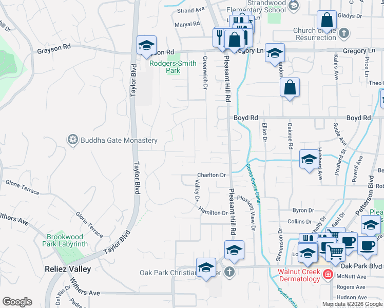 map of restaurants, bars, coffee shops, grocery stores, and more near 263 Croyden Drive in Pleasant Hill