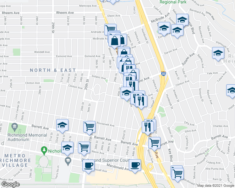 map of restaurants, bars, coffee shops, grocery stores, and more near 4015 Clinton Avenue in Richmond