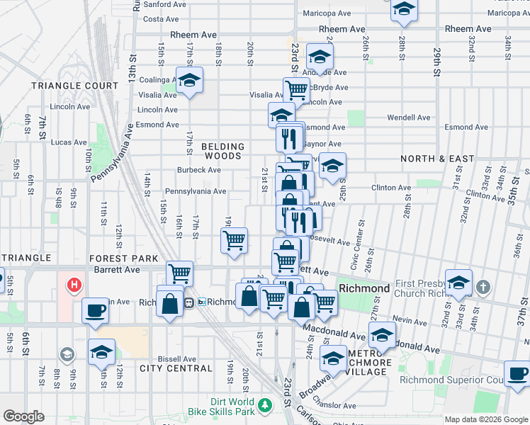 map of restaurants, bars, coffee shops, grocery stores, and more near 627 22nd Street in Richmond