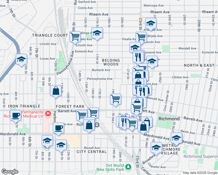 map of restaurants, bars, coffee shops, grocery stores, and more near 628 18th Street in Richmond
