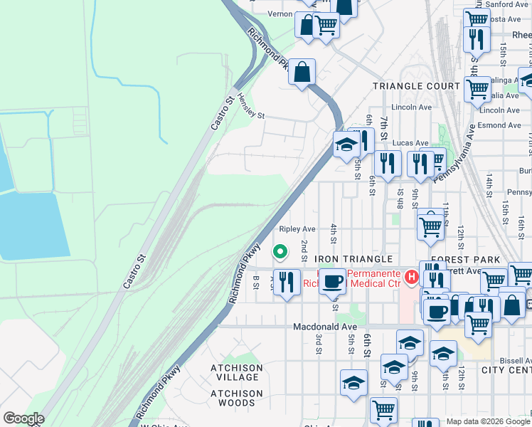 map of restaurants, bars, coffee shops, grocery stores, and more near 0 Crest Avenue in Richmond