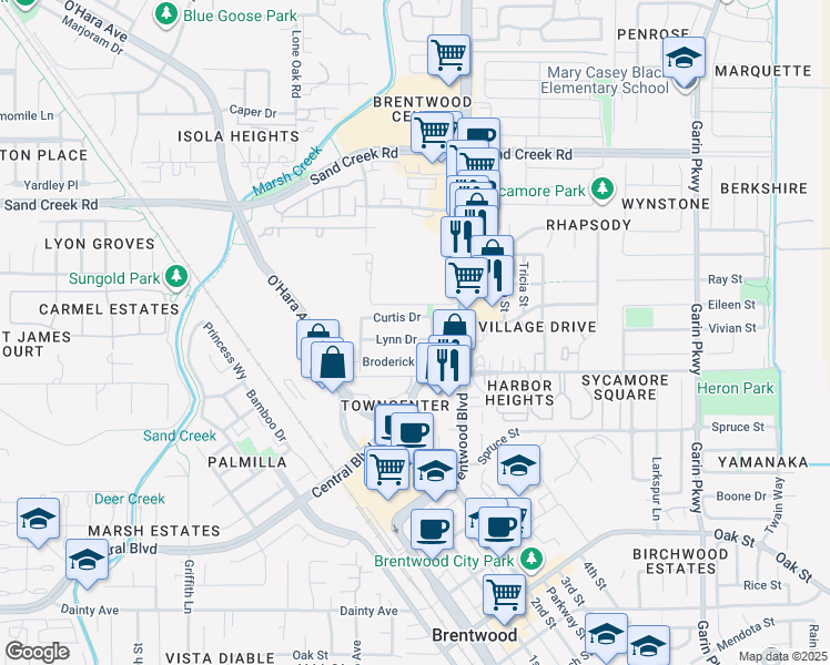 map of restaurants, bars, coffee shops, grocery stores, and more near 127 Lynn Drive in Brentwood