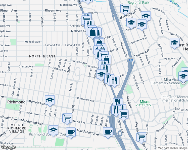 map of restaurants, bars, coffee shops, grocery stores, and more near 701 40th Street in Richmond