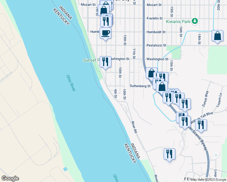 map of restaurants, bars, coffee shops, grocery stores, and more near Ohio River Greenway Trail in Tell City