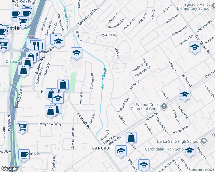 map of restaurants, bars, coffee shops, grocery stores, and more near 985 Mohr Lane in Concord