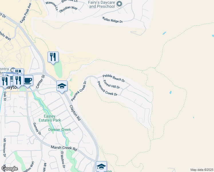 map of restaurants, bars, coffee shops, grocery stores, and more near 108 Forest Hill Drive in Clayton