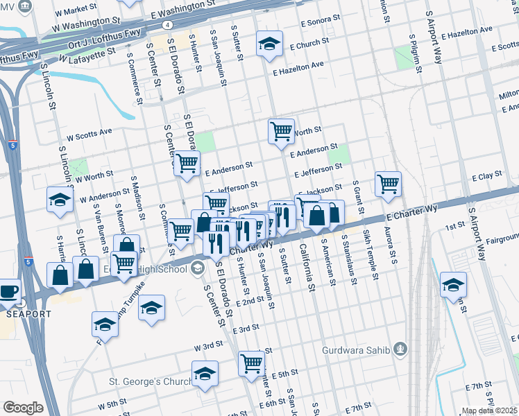 map of restaurants, bars, coffee shops, grocery stores, and more near 16 South San Joaquin Street in Stockton
