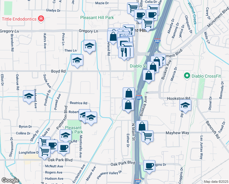 map of restaurants, bars, coffee shops, grocery stores, and more near 190 Cleaveland Road in Pleasant Hill