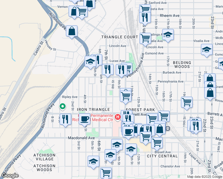 map of restaurants, bars, coffee shops, grocery stores, and more near 710 Elm Avenue in Richmond