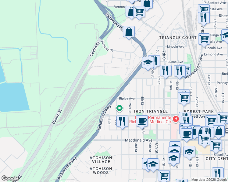 map of restaurants, bars, coffee shops, grocery stores, and more near 612 A Street in Richmond