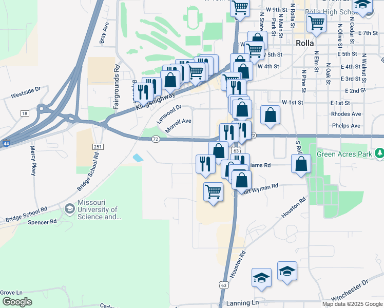 map of restaurants, bars, coffee shops, grocery stores, and more near 217 South Adrian Avenue in Rolla