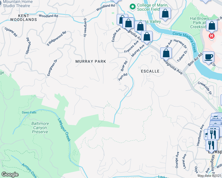 map of restaurants, bars, coffee shops, grocery stores, and more near 100 Black Log Road in Kentfield