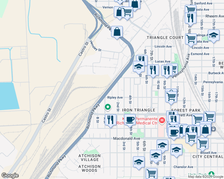 map of restaurants, bars, coffee shops, grocery stores, and more near 1st Street in Richmond