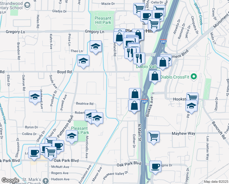 map of restaurants, bars, coffee shops, grocery stores, and more near 174 Cleaveland Road in Pleasant Hill