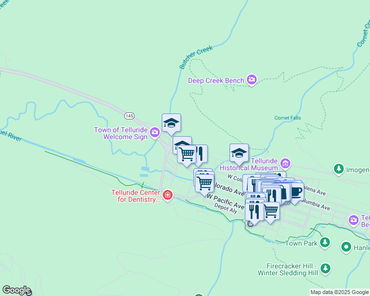 map of restaurants, bars, coffee shops, grocery stores, and more near 725 West Colorado Avenue in Telluride
