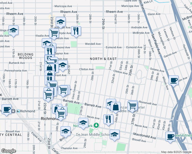 map of restaurants, bars, coffee shops, grocery stores, and more near 2820 Grant Avenue in Richmond
