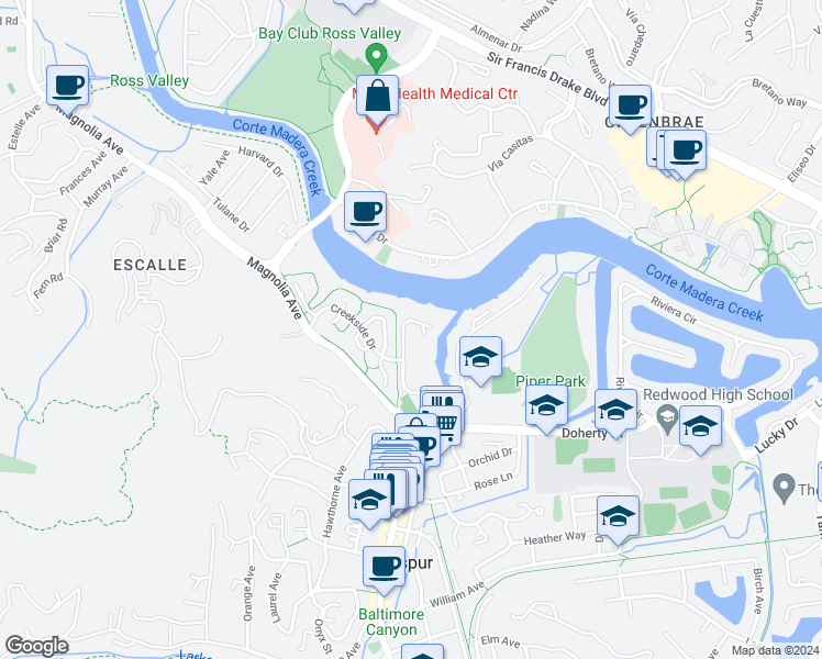 map of restaurants, bars, coffee shops, grocery stores, and more near 376 Larkspur Plaza Drive in Larkspur