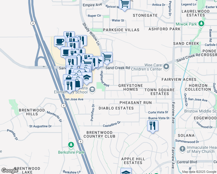map of restaurants, bars, coffee shops, grocery stores, and more near 1842 Highland Way in Brentwood