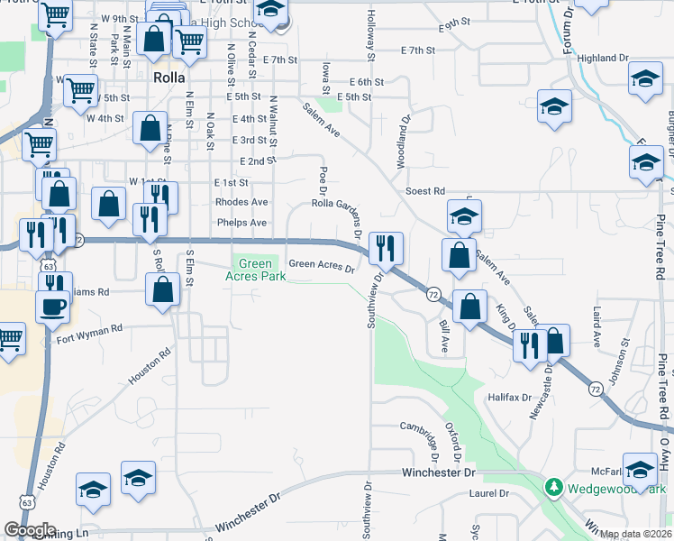 map of restaurants, bars, coffee shops, grocery stores, and more near 50 Green Acres Drive in Rolla