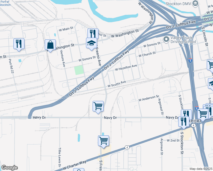 map of restaurants, bars, coffee shops, grocery stores, and more near 1755 West Scotts Avenue in Stockton