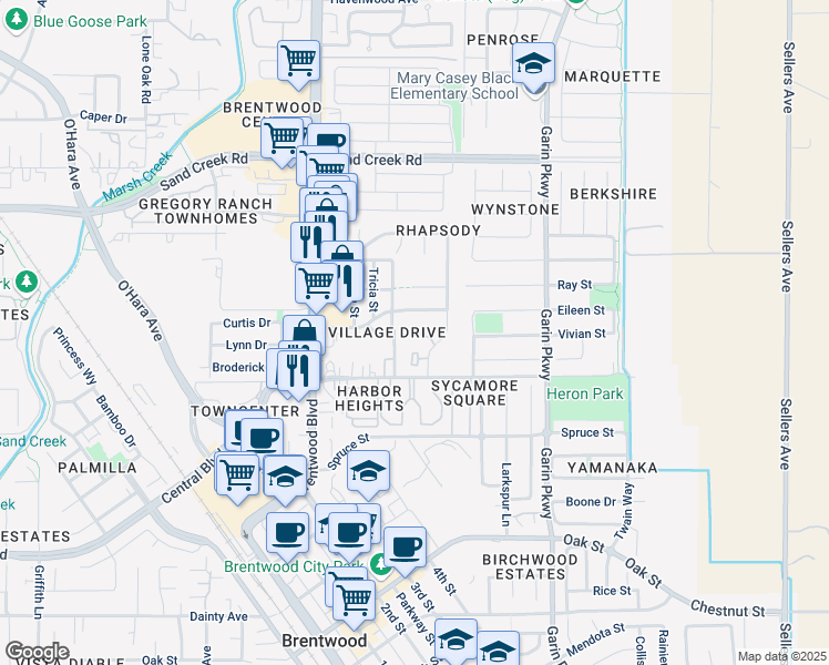 map of restaurants, bars, coffee shops, grocery stores, and more near 1100 Sycamore Court in Brentwood